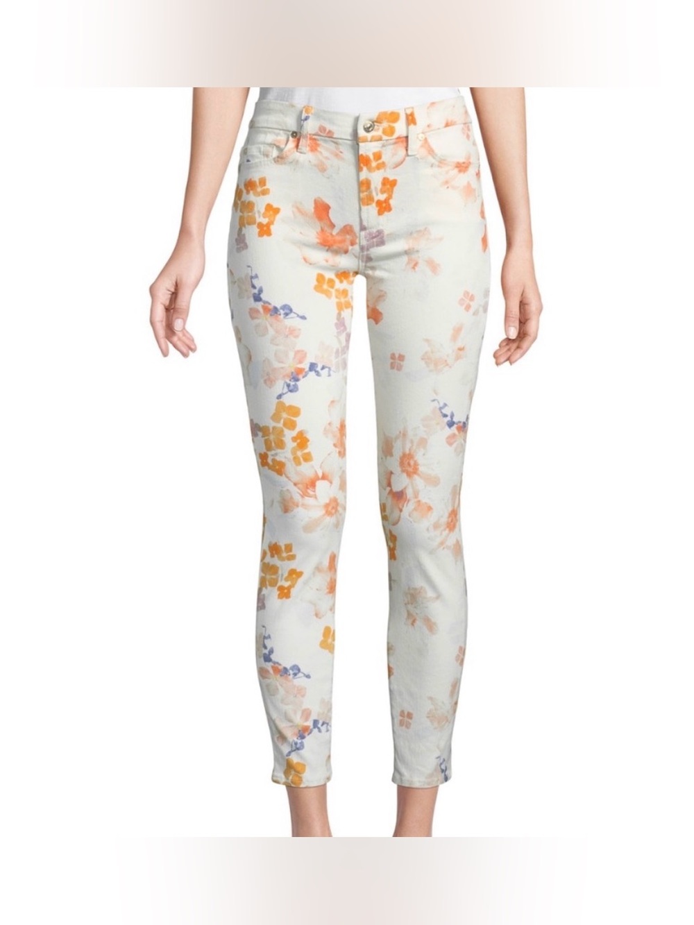 7 For All Mankind Floral Skinny Jeans - White, Orange, Light Blue & Purple